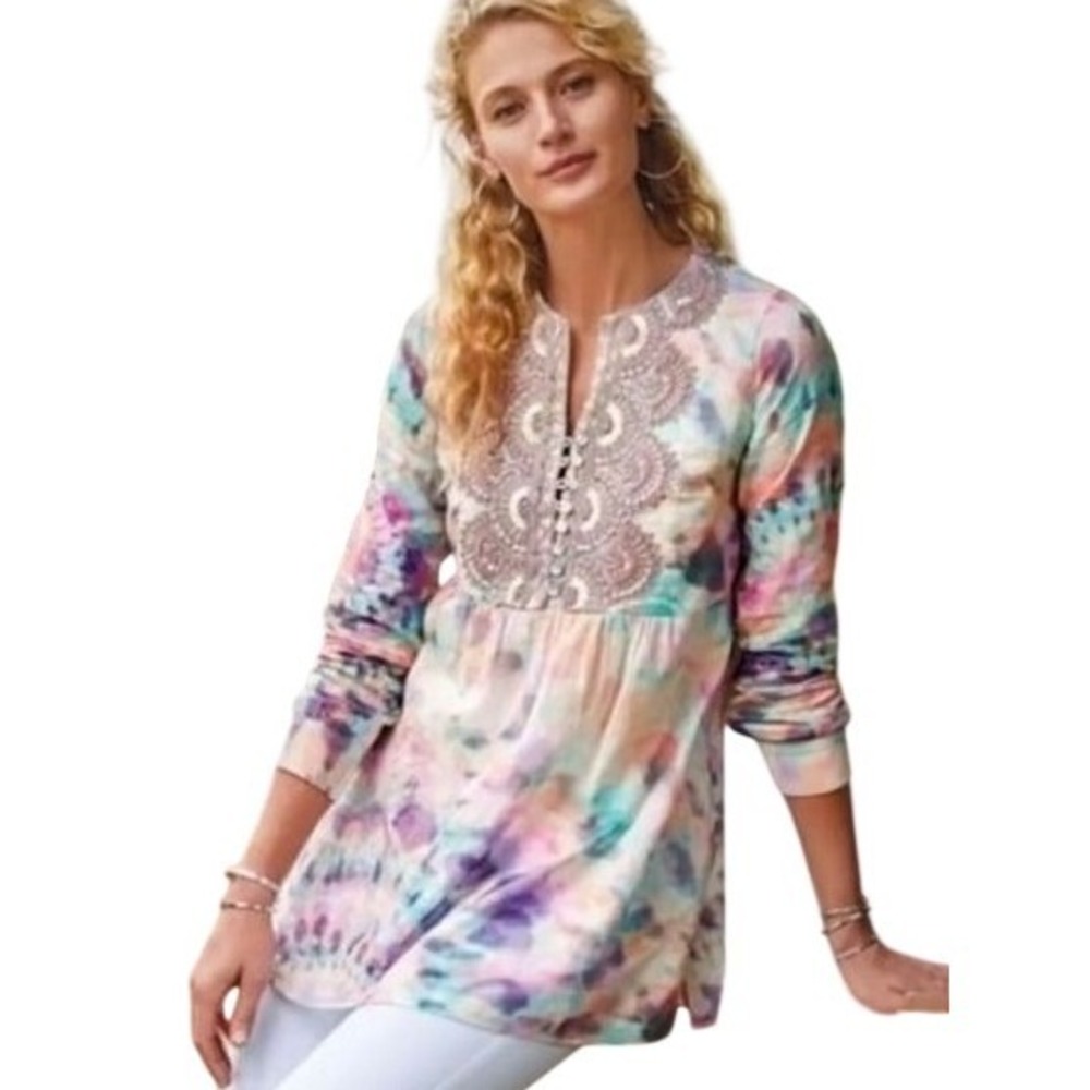 Soft Surroundings Tie Dye Embroidered Tunic Top Long Sleeve Cotton Womens Size L